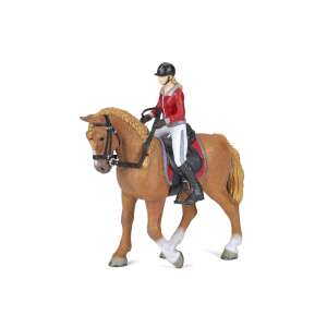 Papo Walking Horse with Rider, brown horse with a female rider in red jacket and white pants, realistic toy figure - Papo Figure