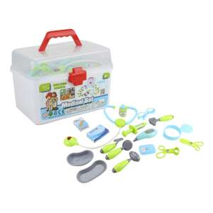 18 piece medical playset for kids, doctor kit with case, pretend play doctor toys, stethoscope, thermometer, syringe, tweezers, scissors, otoscope, ophthalmoscope, reflex hammer, tongue depressor, bandage, cotton balls, gauze, medical tape, medicine bottle, pill bottle, medical chart, medical bag - Doctor Playset