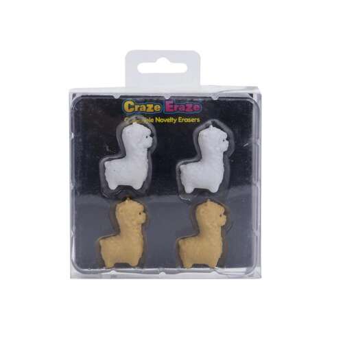 Craze Eraze Llama Novelty Erasers, 4 pack, white and gold