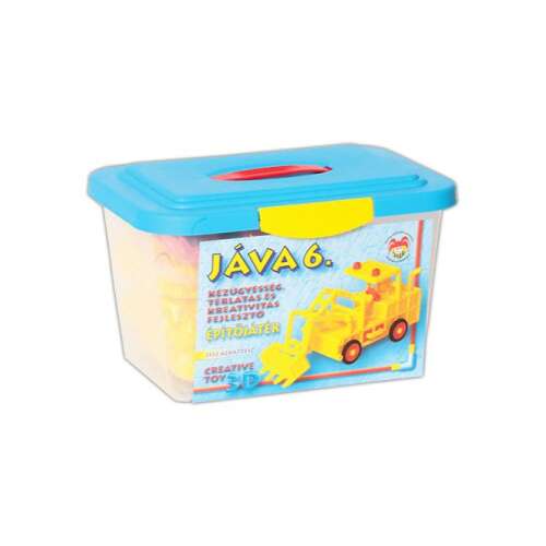 Set de blocuri de construcție Java 6 într-un recipient albastru cu un model de stivuitor galben