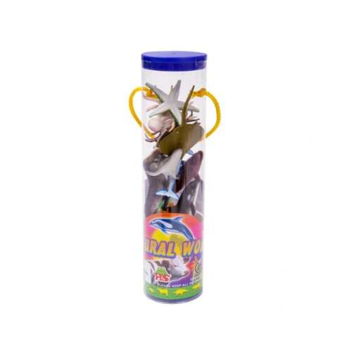 Set of 10 plastic sea animals in a tube, includes whale, dolphin, shark, starfish, crab, and more