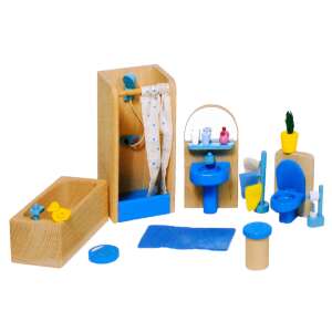 Goki Holz-Puppenhaus Badezimmer-Spielset mit Badewanne, Dusche, Waschbecken, Toilette, Spiegel und Zubehör - Goki
