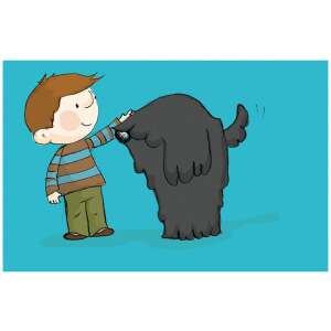 Maszat la fermă diafilm ilustrație, un băiat mângâie un câine negru - Filme diapozitive