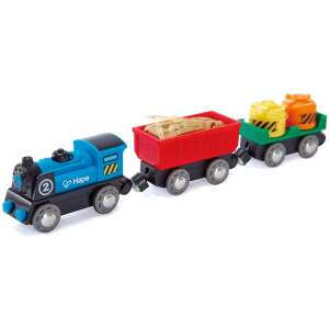 Hape Battery Powered Rolling-Stock Set, blue train with red and green cargo cars, toy train set for kids - Hape