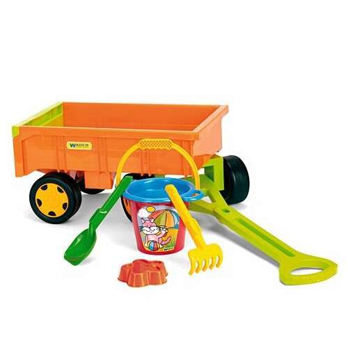 Wózek dla dzieci Wader o nośności 60 kg, pomarańczowy i zielony, z wiaderkiem, łopatką, grabiami i formą