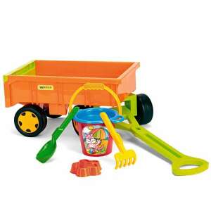 Wader Kinderwagen mit 60 kg Tragfähigkeit, orange und grün, mit Eimer, Schaufel, Rechen und Form - Wader