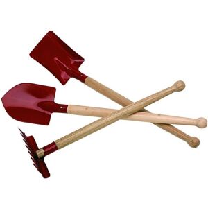 Homokozó garnitúra 3 darabos készlet: piros ásó, lapát és gereblye fa nyéllel. - Pepita