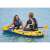 Two people in Intex Challenger 2 person inflatable boat, blue and yellow, on the water