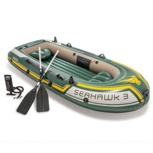 Intex Seahawk 3 person inflatable boat, green and yellow, with oars and pump