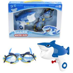 Cápás vízipisztoly és úszószemüveg szett gyerekeknek, kék és fehér, 3 éves kortól - Úszószemüveg