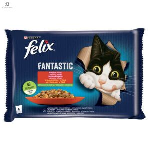 Felix Fantastic mokré krmivo pre mačky, 4x85g vrecko, kura, paradajka, hovädzie mäso, mrkva v želé - Krmivo pre mačky