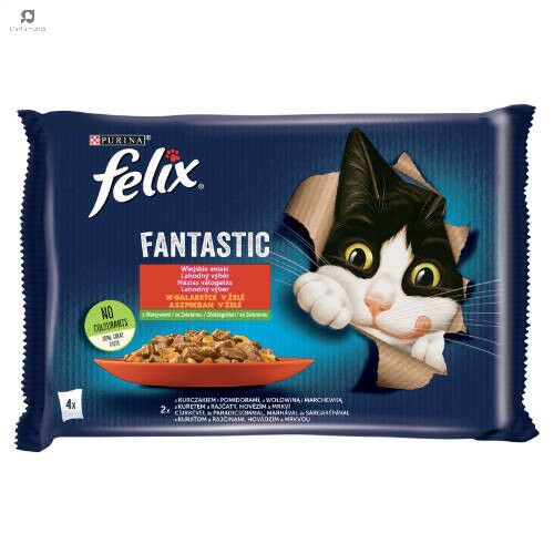 Felix Fantastic mokré krmivo pre mačky, 4x85g vrecko, kura, paradajka, hovädzie mäso, mrkva v želé