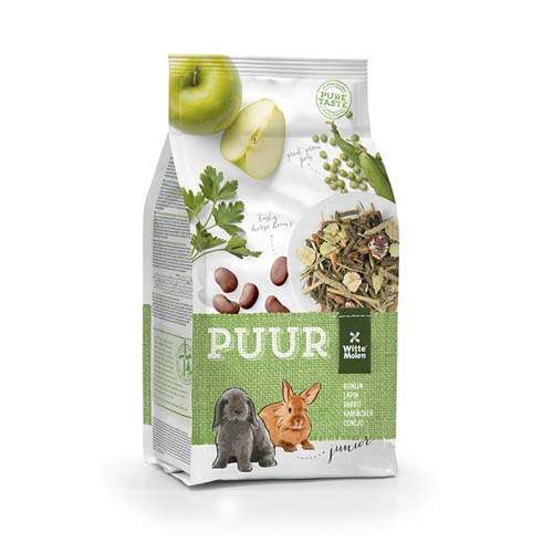 WITTE MOLEN PUUR Junior nyúl táp, 600g-os csomag, tiszta íz, magas fehérjetartalom, magas rosttartalom, prebiotikumok, 24 összetevő, mezei komócsin, borsó, bab, petrezselyem, szárított alma darabok