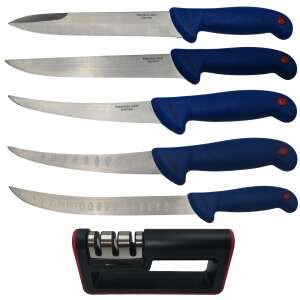 IdeallStore® knife set, 5 pieces, stainless steel, blue handles, red accents, with sharpener - Kitchen Knife