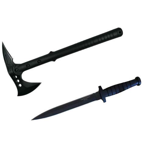 IdeallStore túlélőkészlet, Double Trouble, fejsze és kétélű kés, rozsdamentes acél, fekete