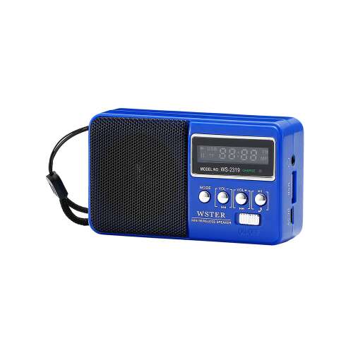 WSTER WS-2319 kék hordozható FM rádió Bluetooth, USB, Micro SD és beépített akkumulátorral
