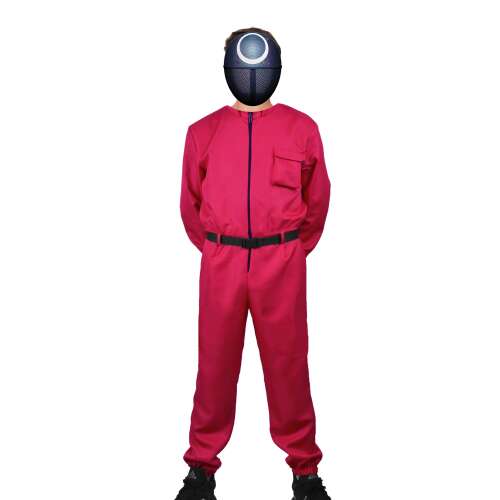 IdeallStore® Squid Game adult costume, red jumpsuit with hood and circle mask, front view