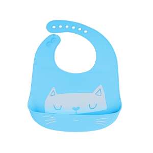 Blue silicone baby bib with cat design and food catcher - Kik
