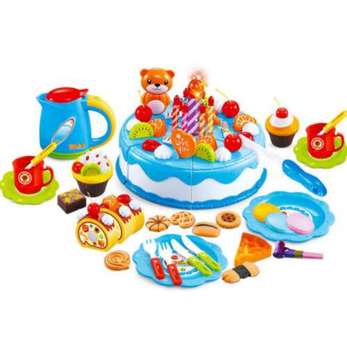 Set de tortă de ziua de naștere de joacă cu set de ceai, mâncare de joacă și accesorii