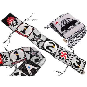 Black and white sensory book for babies with numbers, shapes, and a car, perfect for stimulating their senses and developing their fine motor skills - Kik