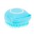 Angled view of blue silicone pet grooming brush with shampoo reservoir