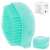 Blue silicone pet grooming brush with built-in shampoo dispenser, collage