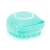 Blue silicone pet grooming brush with built-in shampoo dispenser, side view