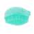 Blue silicone pet grooming brush with built-in shampoo dispenser, side view