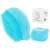 Blue silicone pet grooming brush with built-in shampoo dispenser, collage