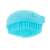 Blue silicone pet grooming brush with built-in shampoo dispenser, side view