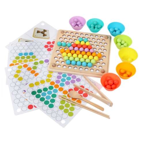 Montessori bead mosaic puzzle with 77 colorful beads, wooden board, silicone cups, and tools for sorting and creating patterns