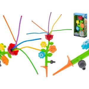 Splash Flower water sprinkler for kids, green and red, with colorful flowers and a smiling face, collage - Outdoor Toy