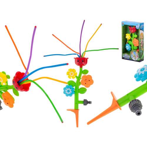 Splash Flower water sprinkler for kids, green and red, with colorful flowers and a smiling face, collage