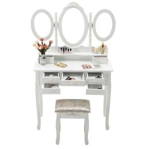 Shabby Chic Sminkasztalkészlet - Fehér - Tükörrel és Székkel