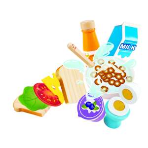 Hape Delicious Breakfast Playset, wooden toy food set for pretend play, includes milk, orange juice, cereal, yogurt, egg, toast, and sandwich - Toy kitchen tool