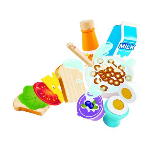 Hape Delicious Breakfast Playset, wooden toy food set for pretend play, includes milk, orange juice, cereal, yogurt, egg, toast, and sandwich