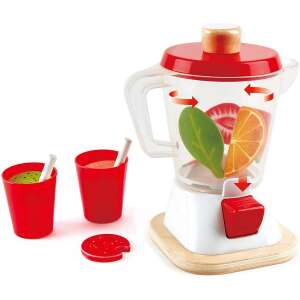 Hape Smoothie Blender toy with fruit inside, two red cups with white straws and a red fruit slice - Toy kitchen tool