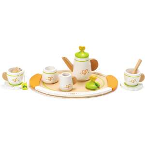 Hape Tea Set for Two, drewniany zestaw do herbaty do zabawy, zawiera czajnik, filiżanki, spodki, cukiernicę, dzbanek do mleka, tacę i torebkę herbaty - Przybory kuchenne do zabawy