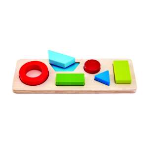 Hape Geometry Puzzle, a wooden shape sorting toy for toddlers, featuring a red circle, green square, and blue triangle - Hape