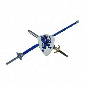 Papo 10 Swords and Shields Playset, featuring a shield with a blue dragon design, two swords, and a spear - Papo