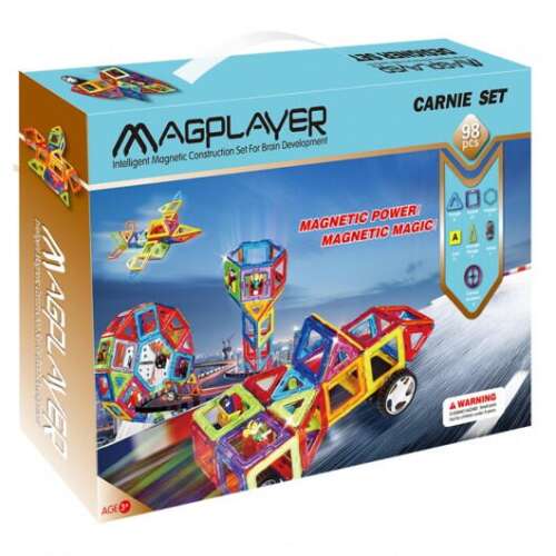 Magplayer magnetic building toy set, 98 pieces, includes triangles, squares, hexagons, wheels, and more