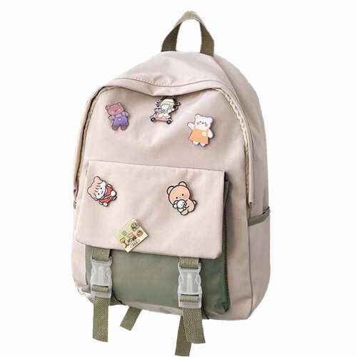 Стилен ученически раница Dollcini с лепенки с мечки, бежово и зелено