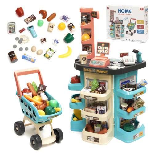Home Supermarket playset with 47 pieces, including a shopping cart, cash register, scanner, play money, and pretend food
