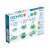 Задната страна на кутията на комплекта за магнитен конструктор Geomag Classic Green Line с 60 части, показваща инструкции и примери за структури, които могат да бъдат построени
