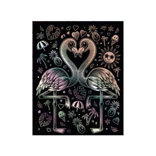 Artă de zgâriere cu flamingo holografic, dezvăluie o imagine colorată cu flamingo prin zgârierea stratului negru