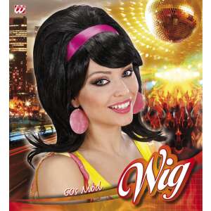 Black 60s Mod wig with pink headband, Widmann adult women's costume wig - Costumes for adult