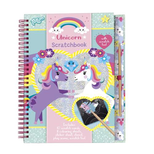 Totum Unicorn Scratchbook with scratch tool, 10 scratch cards, 11 coloring sheets, stencil, sticker sheet and decorations