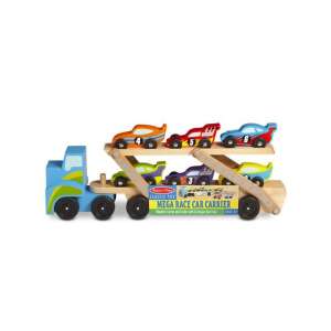Melissa & Doug Classic Toy Mega Race Car Carrier, дървен камион с ремарке и 6 оформени състезателни коли - Melissa & Doug