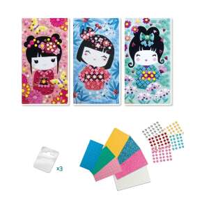 Stick'N Fun Kokeshi Mosaic Art Kit, 3 finished Kokeshi doll mosaic pictures, colorful, decorative - Flair Toys Creative Toy