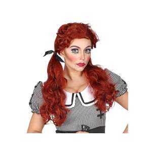 Gyilkos baba paróka, vörös hosszú göndör paróka copfban, Halloweeni jelmez kiegészítő - Widmann